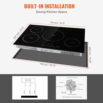 VEVOR Electric Cooktop, 4 Burners, 30'' Induction Stove Top, Built-in Magnetic Cooktop 7500W, 9 Heating Level Multifunctional Burner, LED Touch Screen w/Child Lock & Over-Temperature Protection
