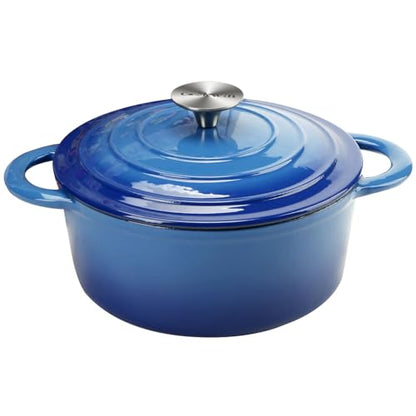 5QT Cast Iron Dutch Oven with Lid, Heavy-Duty Enameled Soup Pot with Dual Handles and Oven Safe for Bread Baking, Braising, Cooking and Family Gifts, Blue