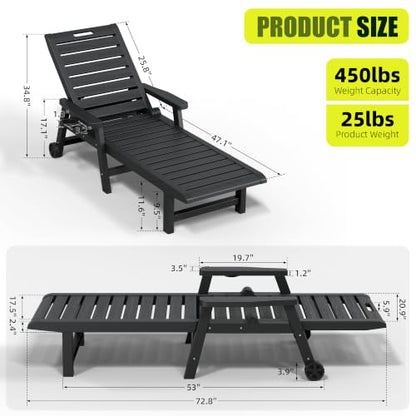 NUNU LAB Outdoor Chaise Lounge Chairs Set, Black with Wheels, 2pcs