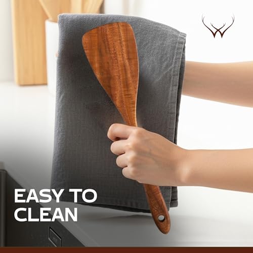 Wooden Spatula for Cooking, Teak Wood Spatula for non stick frying pan With Long Handle - Wooden Pancake Spurtle Non-Stick Cooking Utensils for kitchen use