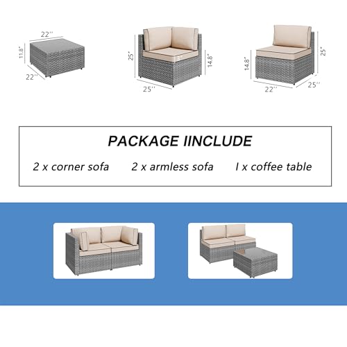Shintenchi 5 Piece Outdoor Patio Furniture Set with Silver PE Rattan, Khaki
