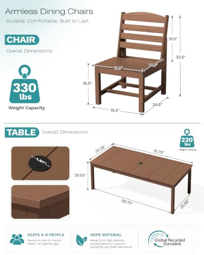 SERWALL Outdoor Dining Set, 9 Piece HDPE Armless Dining Set, Brown