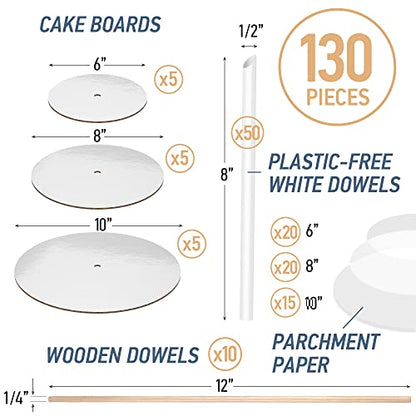 BluShore Cake Boards Tiering Kit - Cake Board 10 Inch, 8 Inch, and 6 Inch (5 Pieces Each) With Parchment Paper Rounds, Wooden Dowels, and Straw Dowels - Cardboard Cake Rounds Stacking Kit [130 Pieces]