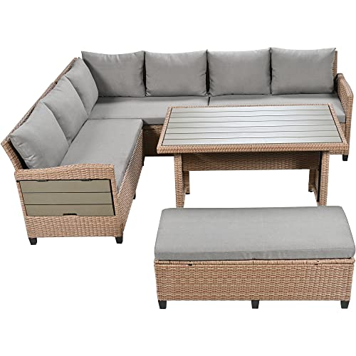 Brabrety Outdoor Patio Furniture Sofa Set, 5-Piece All-Weather Rattan L-Shaped Sectional Sofa Set with 2 Extendable Side Tables, Dining Table for Backyard, Poolside,Garden (Brown/L-Shaped)