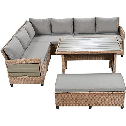Brabrety Outdoor Patio Furniture Sofa Set, 5-Piece All-Weather Rattan L-Shaped Sectional Sofa Set with 2 Extendable Side Tables, Dining Table for Backyard, Poolside,Garden (Brown/L-Shaped)