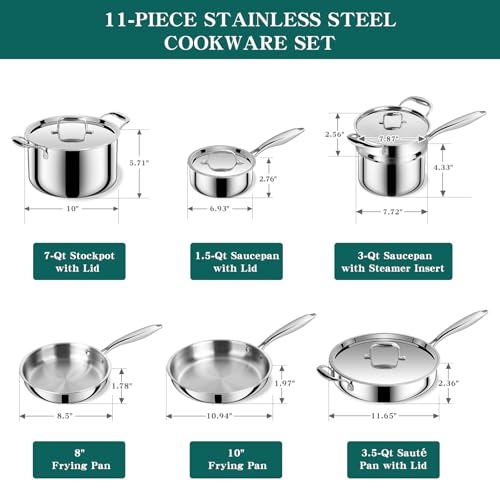EWFEN Pots and Pans Set, 3 Ply 11 Piece Stainless Steel Cookware Set, Oven Dishwasher Safe | Induction Compatible Frying Pans, Saucepans, Saute Pan & Stock Pot, PFOA Free Kitchen Skillet