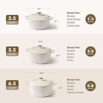 SENSARTE Enameled Cast Iron Dutch Oven Pot with Lid 3.5/5.5/6.5 Quart Heavy-Duty Round Dual Handles Kitchen Pot with Cotton Potholders & Silicone Trivet, Pot for Bread Baking, Stews, Braising, Roasting, Oven Safe, 3.5Quart, White