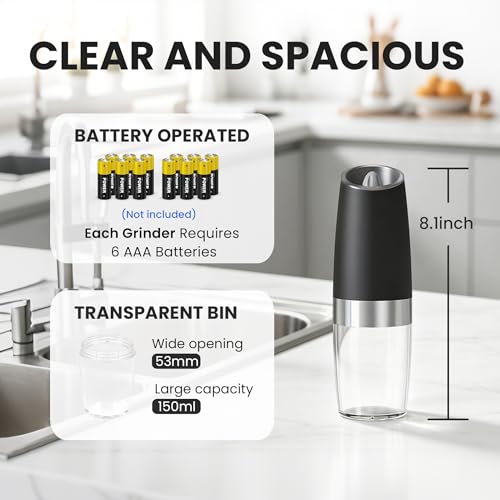 UNNEES Battery Operated Gravity Electric Salt and Pepper Grinder Set, Automatic Salt and Pepper Grinder Set, Adjustable Roughness,12 Batteries Required, LED Light, 2 Pack, (Black)