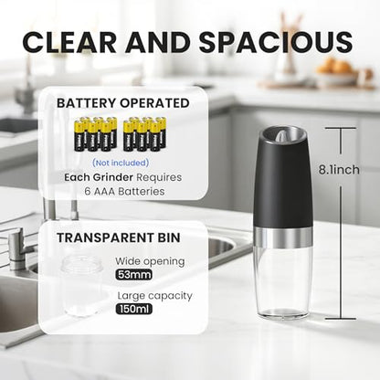 UNNEES Battery Operated Gravity Electric Salt and Pepper Grinder Set, Automatic Salt and Pepper Grinder Set, Adjustable Roughness,12 Batteries Required, LED Light, 2 Pack, (Black)
