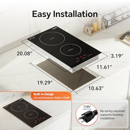 Ranein 12 Inch 2 Burner Induction Cooktop, 1800W, 120V