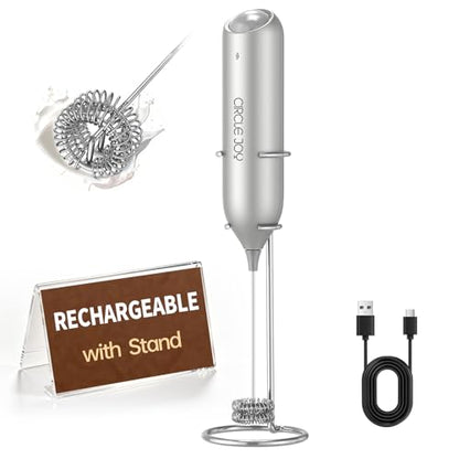 CIRCLE JOY Rechargeable Milk Frother Handheld with Stand, Dual Spring Whisk Electric Foam Maker, Detachable Hand Frother Wand Drink Mixer for Lattes, Cappuccino, Macchiato, Hot Chocolate, Silver