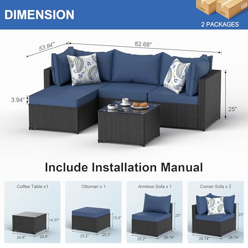 Patio Furniture Set, 5PCS Outdoor Sectional w/ Ottoman & Cushion, Navy Blue