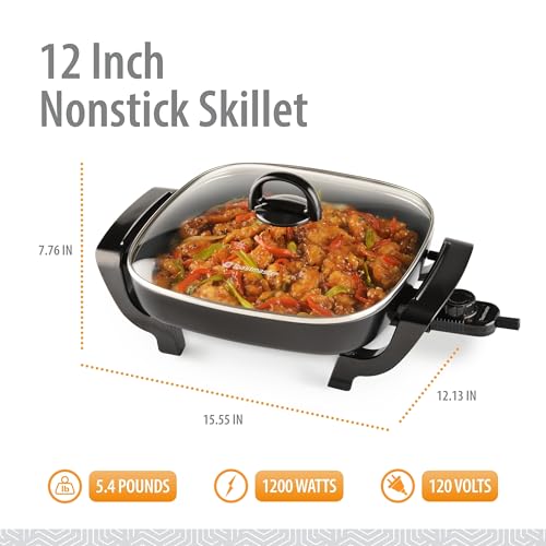 Toastmaster 12" Nonstick Electric Skillet - Deep Skillet Appliance with Glass Lid - Multipurpose Kitchen Cookware for Breakfast & More