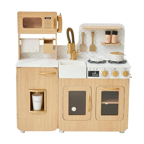 Teamson Kids Little Chef Cyprus Medium Wooden Play Kitchen with Interactive, Realistic Features, and 14 Kitchen Accessories for 3yrs and up, Light Oak/Faux White Marble/Gold