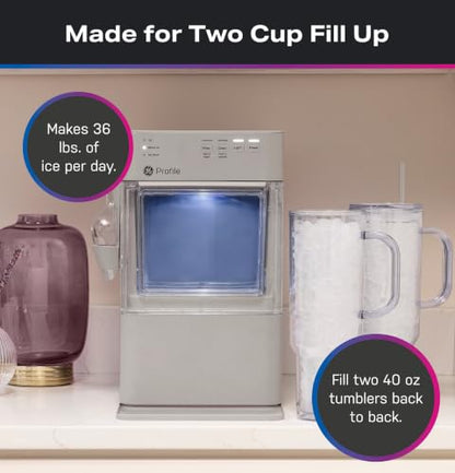 GE Profile Opal Mini Nugget Ice Maker, Portable Countertop Pellet Ice Machine, Soft Chewable Ice, 36 lbs Per Day, Top Fill Water Reservoir, 2 lb Bin, 6 Pack Descaler & Scoop Included, Stone Grey