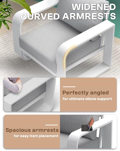 Oasbira Oversized Aluminum Outdoor Furniture Set, Extra Large Patio Furniture Sofa Set 4.8” Widened Armrest & Ultra-Thick Cushions, 4 Pcs Modern Patio Sectional for Backyard, Porch, White