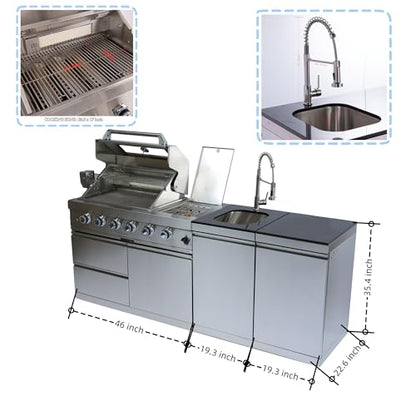 4 Burner Outdoor Kitchen Island with Grill and Side Burner, 85000 BTU Deluxe Stainless Steel Modular Outdoor Kitchen, Gas Propane BBQ Island with Rotisserie, Sink & Storage Cabinets, 85"W, Silver