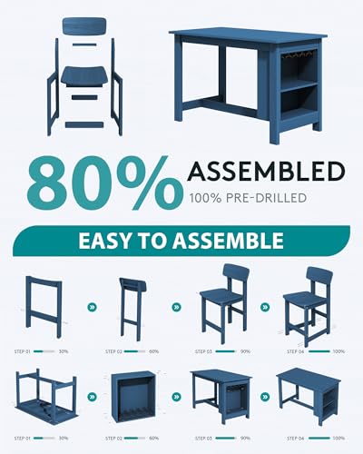 SERWALL Outdoor Bar Table and Chairs Set, 5-Piece HDPE Counter Height Patio Dining Sets with Storage and Wine Rack, Rectangular High Top Bar Table with 4 Bar Stools for Garden, Backyard, Blue