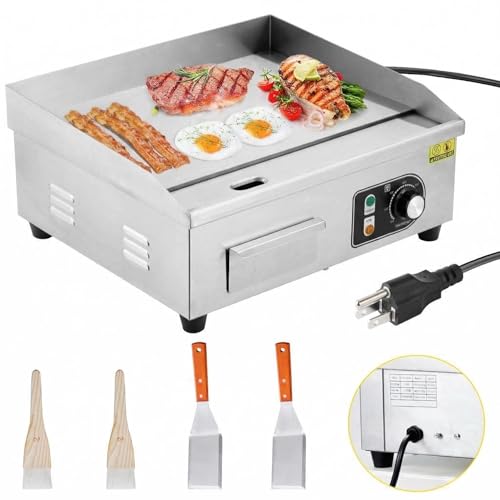 18" 1500W Stainless Steel Electric Griddle, Commercial Countertop Flat Top Grill with Adjustable 122–572°f Thermostat, Includes 2 Spatulas & Cleaning Brushes, Plug-in Grill for Indoor/Outdoor Cooking