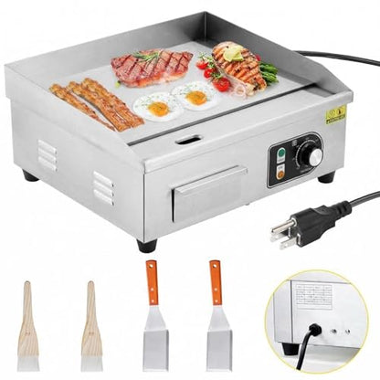 18" 1500W Stainless Steel Electric Griddle, Commercial Countertop Flat Top Grill with Adjustable 122–572°f Thermostat, Includes 2 Spatulas & Cleaning Brushes, Plug-in Grill for Indoor/Outdoor Cooking