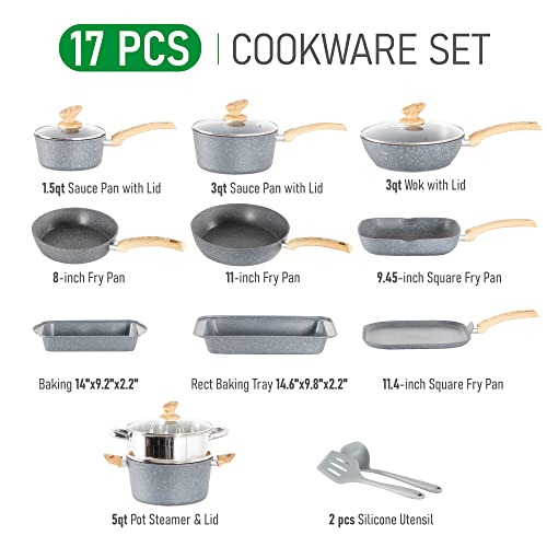 MAISON ARTS 17 Piece Pots and Pans Set Non Stick, Kitchen Cookware Sets with Nonstick Granite Stone Coating, Suitable for Induction Cooktops, Grey