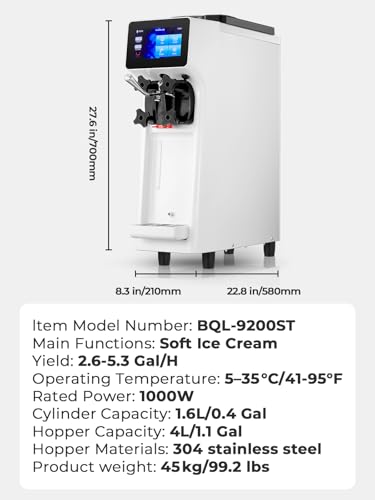 Commercial Ice Cream Machine, 10.4-20 QT/H Yield Soft Serve Ice Cream Machine with 4L Hopper & 1.6L Cylinder, Pre-Cooling & Auto Clean, Touch LCD for Snack Restaurants Bars (white, 4L)