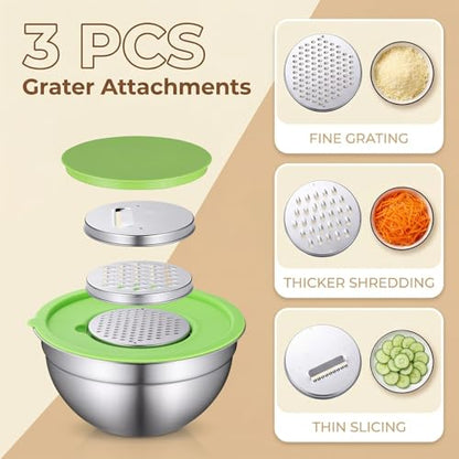 Xyingshine Stainless Steel Mixing Bowls with Lids Set, 6 Nesting Kitchen Bowls 0.7-4 QT, Metal Mixing Bowls with 3 Grater Attachments, Dishwasher Safe for Prep, Mixing, Serving & Storage