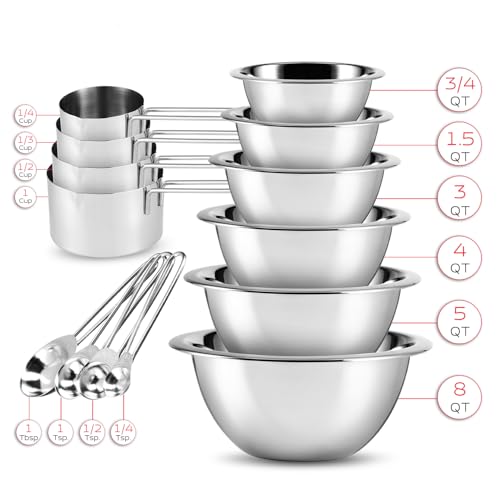 EATEX Stainless Steel Mixing Bowls with Measuring Cups & Spoons Set of 14 - Dishwasher Safe Nesting Mixing Bowl Set for Cooking, Baking & Meal Prep Non-Slip Premium Bowls