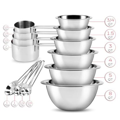 EATEX Stainless Steel Mixing Bowls with Measuring Cups & Spoons Set of 14 - Dishwasher Safe Nesting Mixing Bowl Set for Cooking, Baking & Meal Prep Non-Slip Premium Bowls