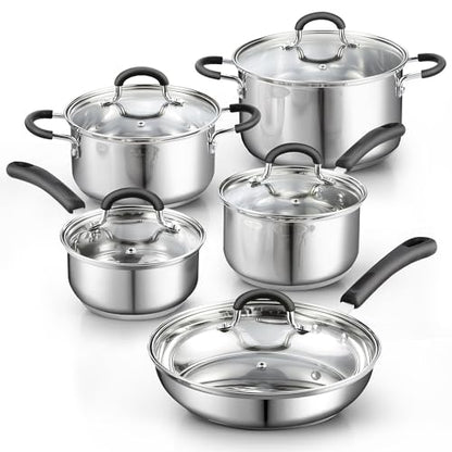 Cook N Home 12-Piece Basics Stainless Steel Cookware Set, Tri-ply Pots and Pans Set with Lids - Non-Toxic, Induction Ready, Oven & Dishwasher Safe
