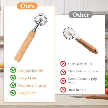 LLMSIX Pastry Wheel Cutter, Stainless Steel Ravioli Cutter, Fluted Pastry Wheel with Long Wooden Handle for Home Making Pasta Pizza Ravioli Cookie Tools