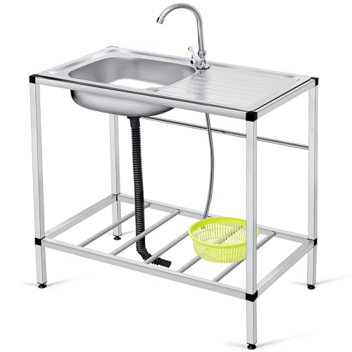 Tandefio Freestanding Outdoor Kitchen Utility Sink Set Stainless Steel Single Bowl Sink Portable Commercial Utility for Restaurant Cafe Bar Hotel Garage Laundry Room(Single Layer)