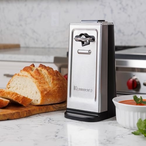 Kenmore Smooth Edge Electric Automatic Can Opener, Smooth-Touch Side-Cut Blade, Extra-Tall Can Opener, Easy Operation, Opens Regular And Pop-Top Cans, Prevents Sharp Edges, Black & Stainless Steel