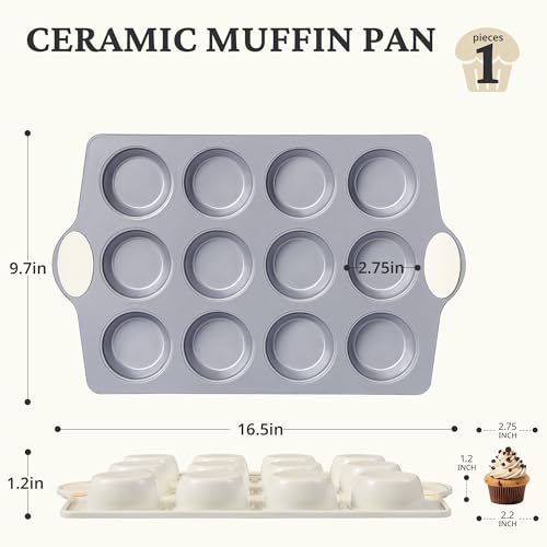 BRONYPRO 12-Cup Non Toxic Nonstick Ceramic Muffin Pan & Cupcake Tin, PFOA & PFOA Free, Heavy Duty Rust-Resistant Aluminized Steel, Oven Safe, Cream White