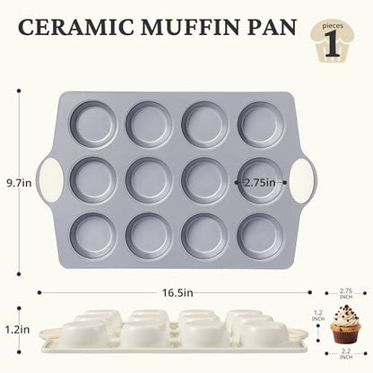 BRONYPRO 12-Cup Non Toxic Nonstick Ceramic Muffin Pan & Cupcake Tin, PFOA & PFOA Free, Heavy Duty Rust-Resistant Aluminized Steel, Oven Safe, Cream White