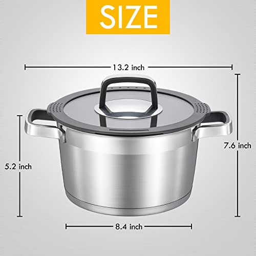 MARSKITOP 5 Quart Stock Pot with Lid, 18/8 Stainless Steel Pasta Pot with Strainer Lid, Heavy Duty Soup Pot with Anti-Hot Handle, Suitable for All Stovetops, Dishwasher Safe