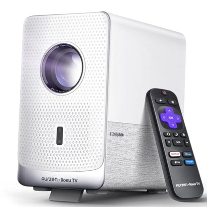Aurzen Roku TV Smart Projector with Wifi and Bluetooth, D1R Cube Roku Streaming Experience Built-in, Sealed Optical Engine, 1080P FHD, DoIby Audio, Portable Mini Projector for Home/Outdoor Movies