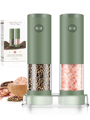 Salt and Pepper Grinder Set Mom Gifts, Electric Automatic Green Salt Pepper Shakers Home Kitchen Gadgets for New Home, Adjustable Coarseness Pepper Grinder Kitchen Appliances