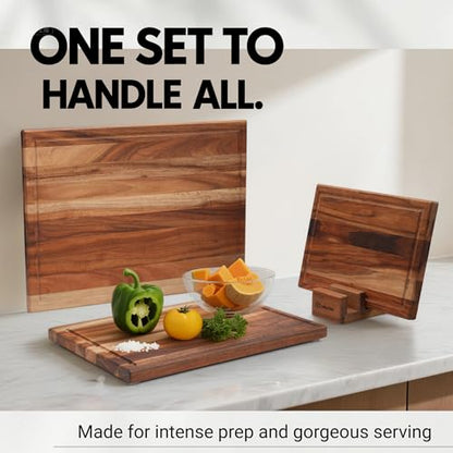 Cokka Praca Non Toxic Acacia Wood Cutting Board Set with Stand | 3 Pcs Knife-Friendly Non-Slip Wooden Cutting Boards for Kitchen | 0.7″Thick Butcher Block | Solid Chopping Boards with Juice Groove