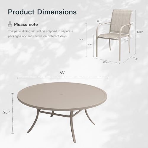 VICLLAX 11 Pieces Patio Outdoor Dining Set, 63" Round Metal Table with Umbrella Hole and 10 Stackable Textilene Chairs for Patio, Lawn, Garden, Porch, Sandshell