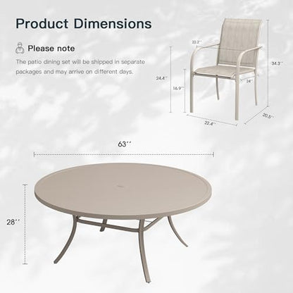 VICLLAX 11 Pieces Patio Outdoor Dining Set, 63" Round Metal Table with Umbrella Hole and 10 Stackable Textilene Chairs for Patio, Lawn, Garden, Porch, Sandshell