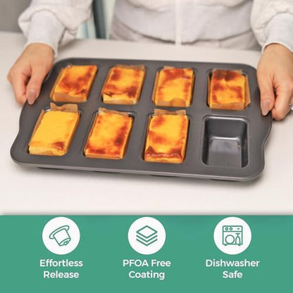 UCBAT Mini Loaf Baking Pans Set 8-Cavity with 200 PCS Parchment Liners, Nonstick Bakeware Rectangle Bread Pan, Heavy Duty Banana Bread Pan, Grey