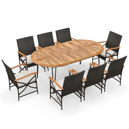 Tangkula 9 Pieces Patio Rattan Dining Set, Outdoor Oval Acacia Wood Dining Table and 8 Patio Wicker Armchairs Set with Umbrella Hole, Cushions, Metal Frame, Outdoor Dining Furniture Set for Garden