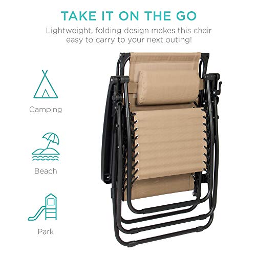 Best Choice Products Folding Zero Gravity Outdoor Recliner Patio Lounge Chair w/Adjustable Canopy Shade, Headrest, Side Accessory Tray, Textilene Mesh - Beige
