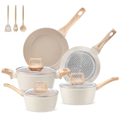 M MELENTA Pots and Pans Set Non Stick, 11pcs Ceramic Cookware Set, Non Toxic Induction Kitchen Cookware Sets, Nonstick Cooking Set with Stay Cool Handle, 100% PFOA Free, Cream