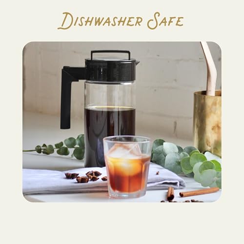 Takeya Deluxe Cold Brew Coffee Maker - BPA-Free Tritan Pitcher with Airtight Leakproof Lid, Silicone Grip Handle, Fine-Mesh Filter - Shatter-Proof, Dishwasher Safe, Made in USA - 1 Quart/Black