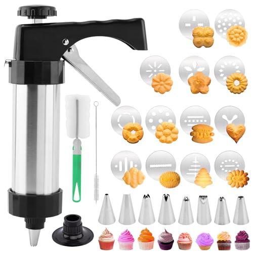 Cookie Press Gun Kit, Spritz Cookie Press for Baking Icing Gun with 13 Cookies Discs and 8 Piping Tips for DIY Christmas Cookies, DIY Biscuit, Decorating Baking Supplies