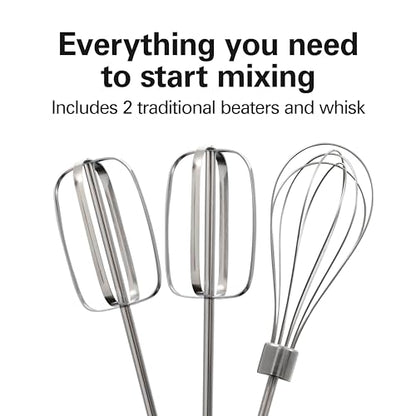 Hamilton Beach 6-Speed Electric Hand Mixer with Whisk, Traditional Beaters, Snap-On Storage Case, 250 Watts, White