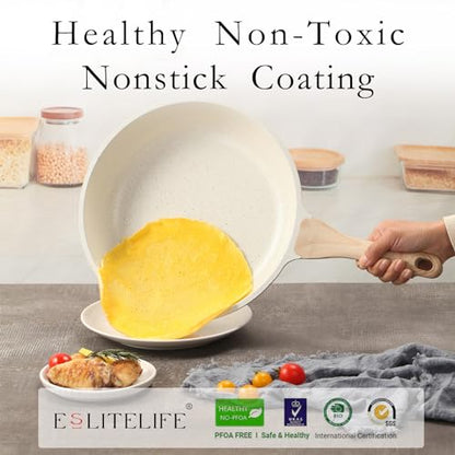 ESLITE LIFE Nonstick Ceramic Frying Pan Skillet with Lid, Non-Toxic Egg Omelette Kitchen Cooking Pans Compatible with All Stovetops (Gas, Electric & Induction), PTFE & PFOA Free (White, 8" w/Lid)
