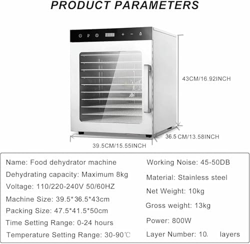 10 Trays Silent Food Dryer, 800W Freeze-Dried Candy Machine, Temperature Adjustable Of 30-90 ° C, Timer From 0-24 Hours, Large Capacity Food Processor For Vegetables/
